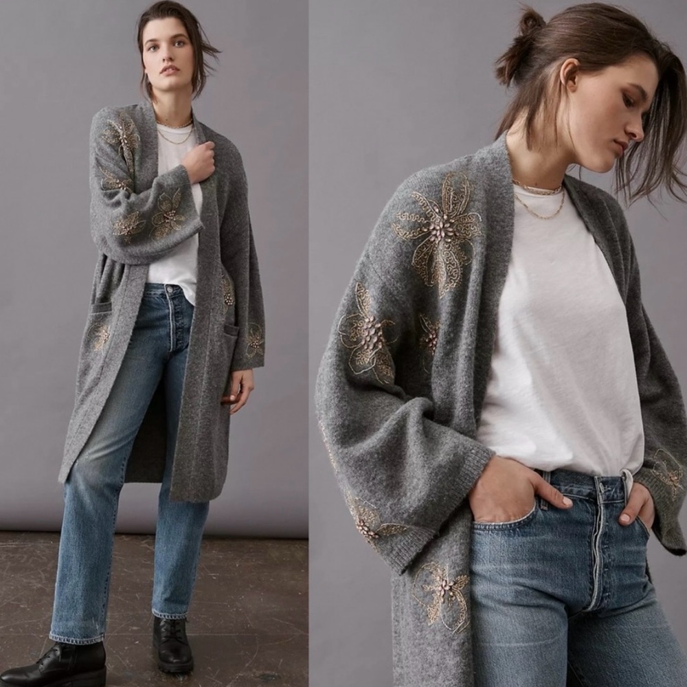 Anthropologie Gray Embellished Cardigan one size beautiful versatile piece